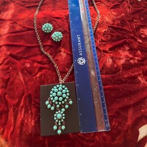 Ben-Amur Pendant & French Earrings W/ Faux Turquoise Brass Plated Chain 37" TL